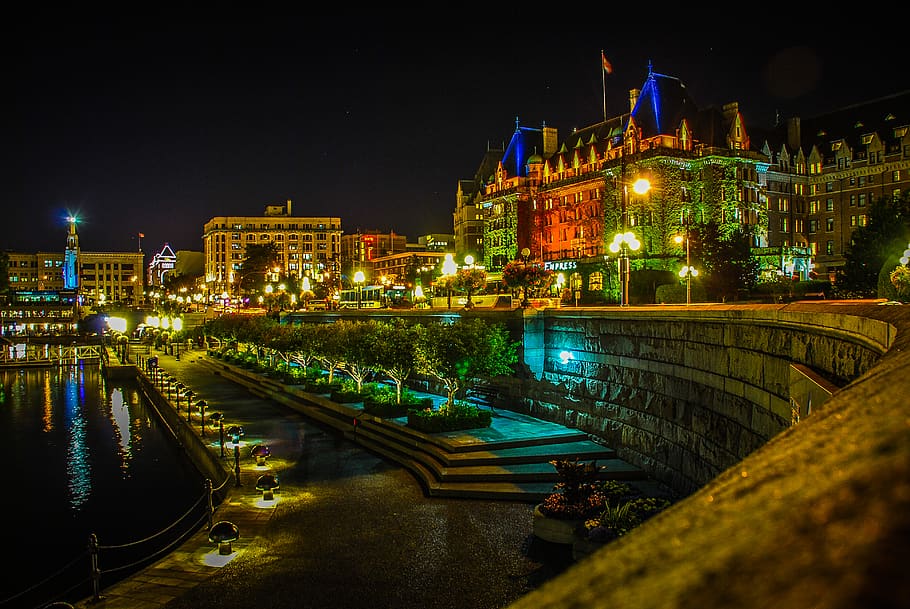 buildigns with light, canada, victoria, bridge, building, boardwalk HD wallpaper