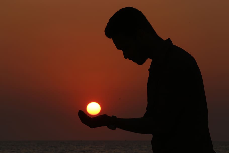 silhouette, side view, sunset, orange color, sky, one person HD wallpaper