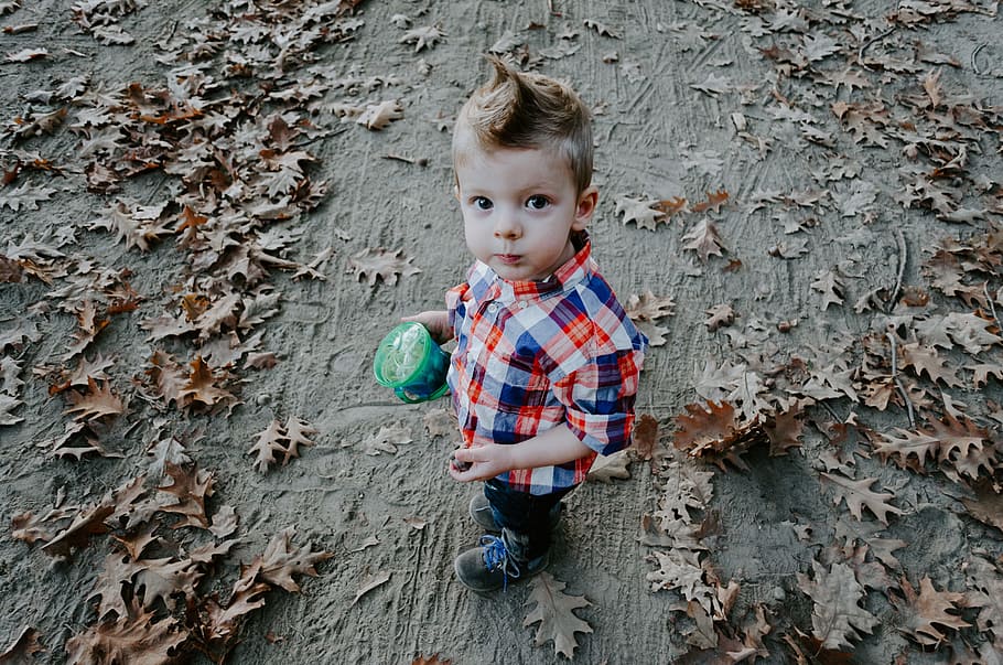 boy in white, blue, and orange plaid button-up shirt holding green cup HD wallpaper
