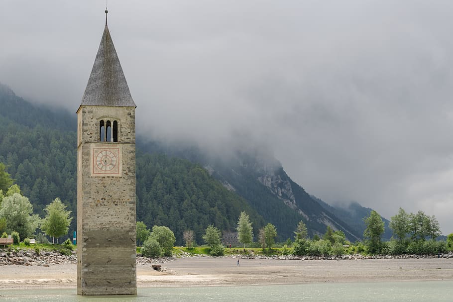 reschensee, lago di resia, sunken city, south tyrol, fog, landscape