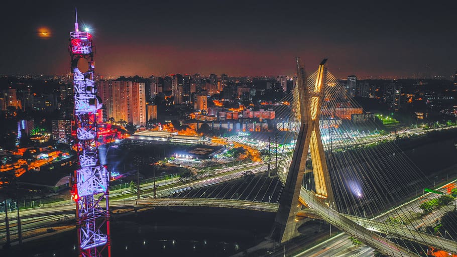 Lighted Concrete Bridge At Night, architecture, buildings, city HD wallpaper