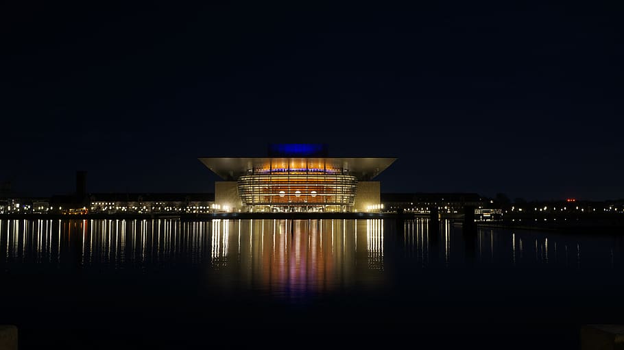 danemark, copenhague, opera, water, city, copenhagen, night HD wallpaper