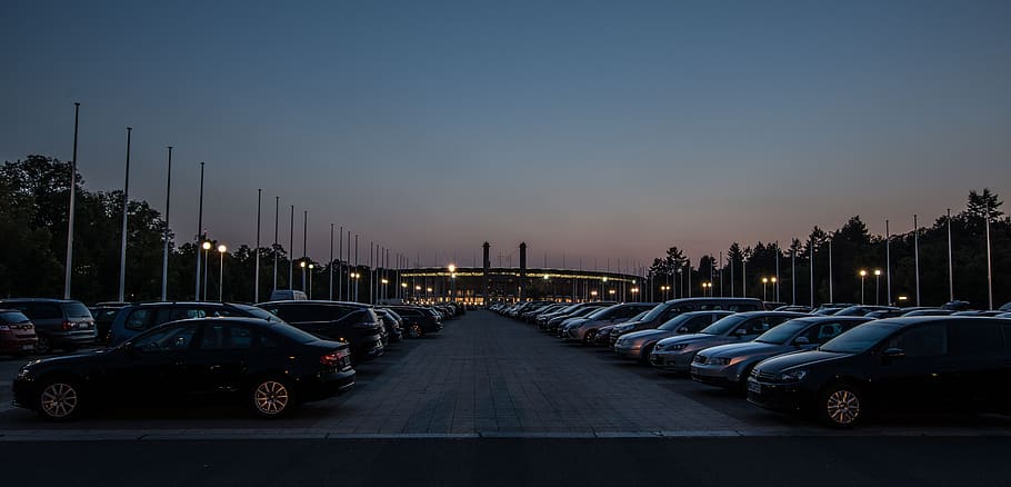 blue hour, parking, olympic stadium, berlin, evening hour, sky, HD wallpaper