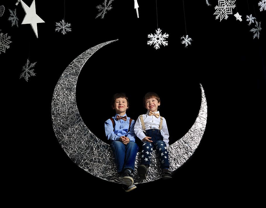 Two Boys Sitting on Crescent Moon, adorable, art, beautiful, black background, HD wallpaper