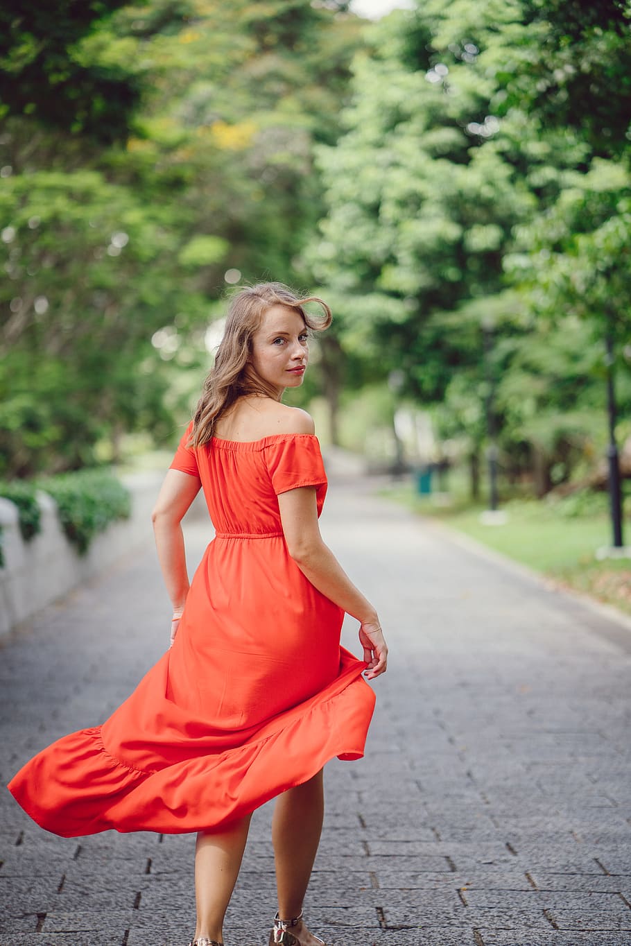 Woman Wearing Orange Off-shoulder Dress, attractive, beautiful HD wallpaper