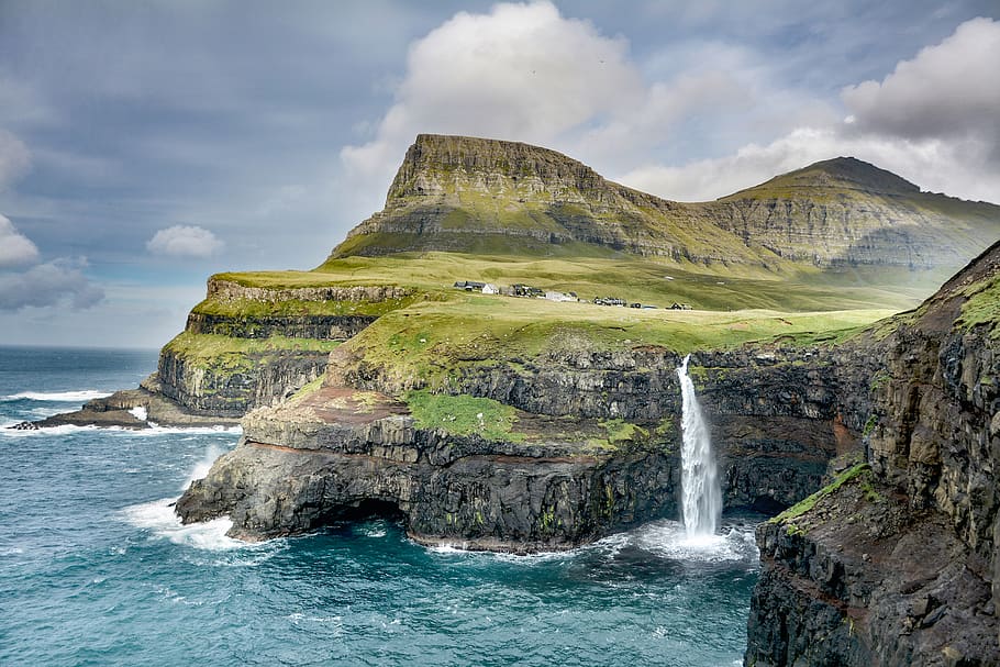 nature, landscape, cliffs, grass, water, waterfalls, waves HD wallpaper