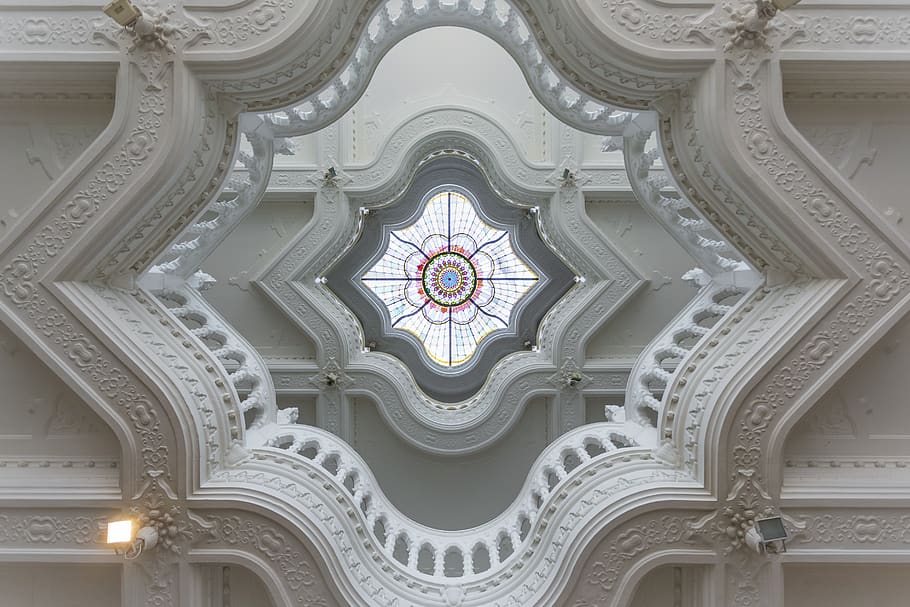budapest, architecture, ceiling, window, coloured glass, geometric HD wallpaper