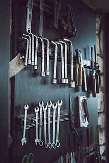 assorted hand tools on wall, wrench, clamp, can opener, plumbing HD wallpaper