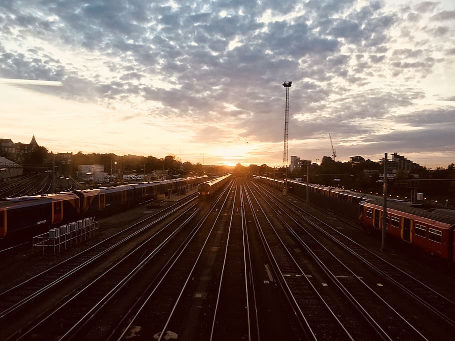 Landscape View of Railway Station during Sunrise, clouds, dusk, HD wallpaper