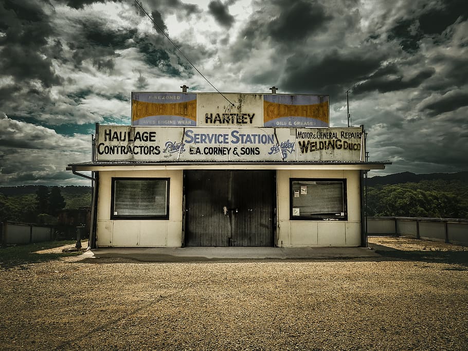 shop, station, dark, clouds, sky, establishment, old, cloud - sky HD wallpaper