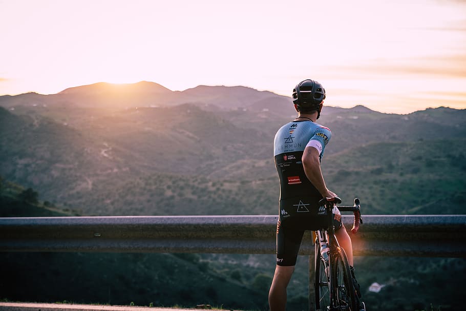 man on bike, mountain, sky, one person, leisure activity, beauty in nature HD wallpaper