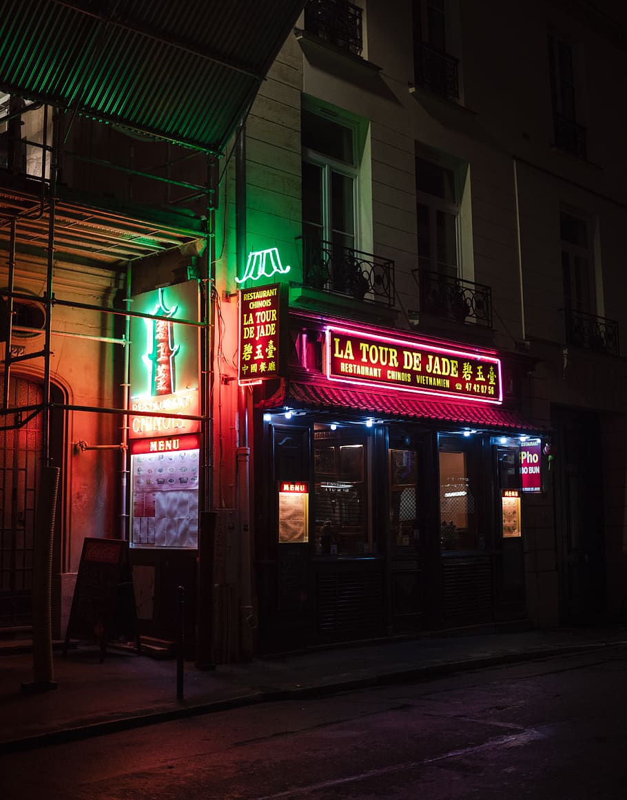 white concrete building, neon, paris, shop, light, food, meal HD wallpaper