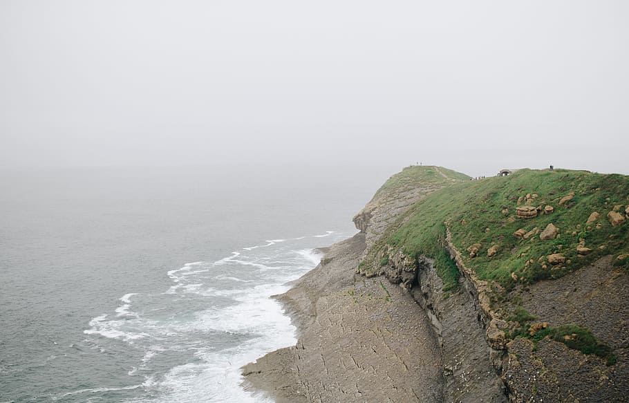 aerial photograph of island, foggy, lighthouse, mountain, spain HD wallpaper