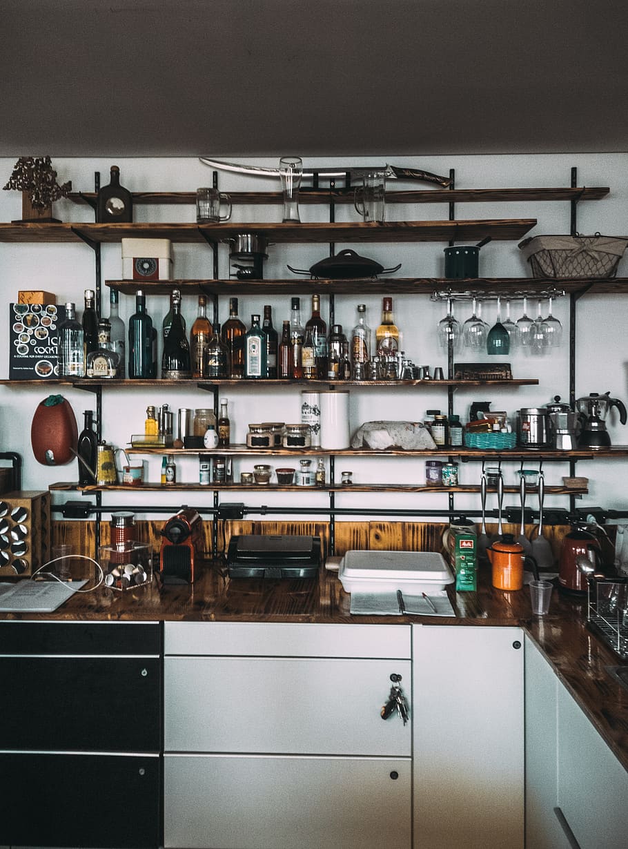 White Wooden Modular Kitchen, bar, blade, bottles, counter, furniture HD wallpaper