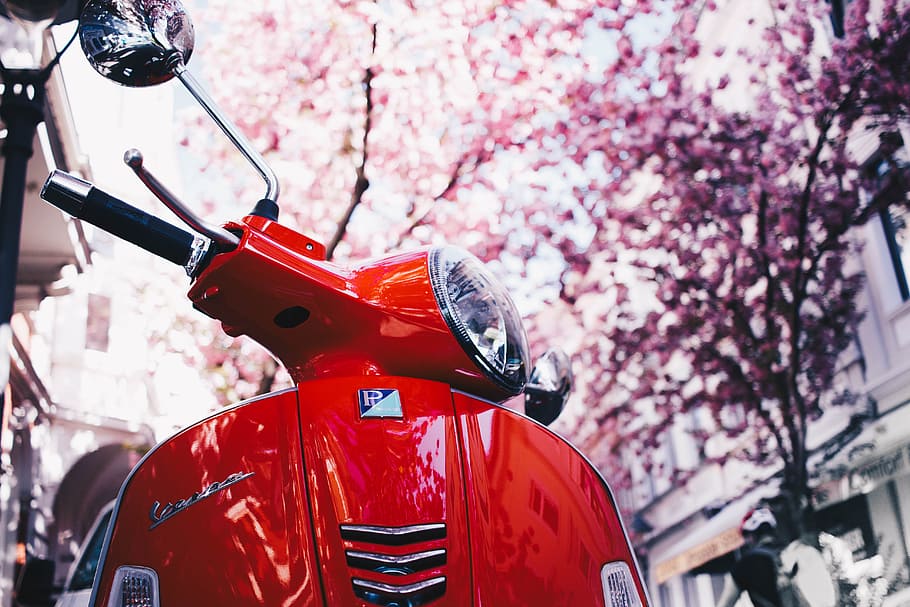 Selective Focus Photography of Red Motor Scooter, blurred background HD wallpaper