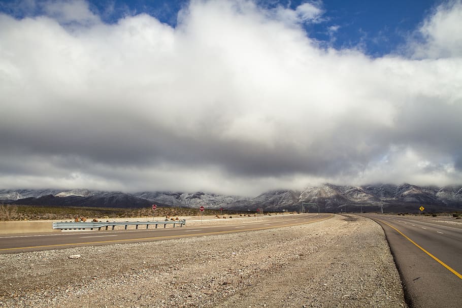 blue sky, mountains, clouds, closed, road, highway, cloudy HD wallpaper