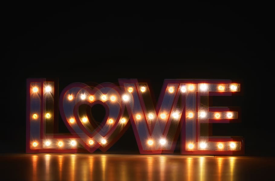 Turned-on Love Marquee Light, blur, bright, close-up, colors, HD wallpaper