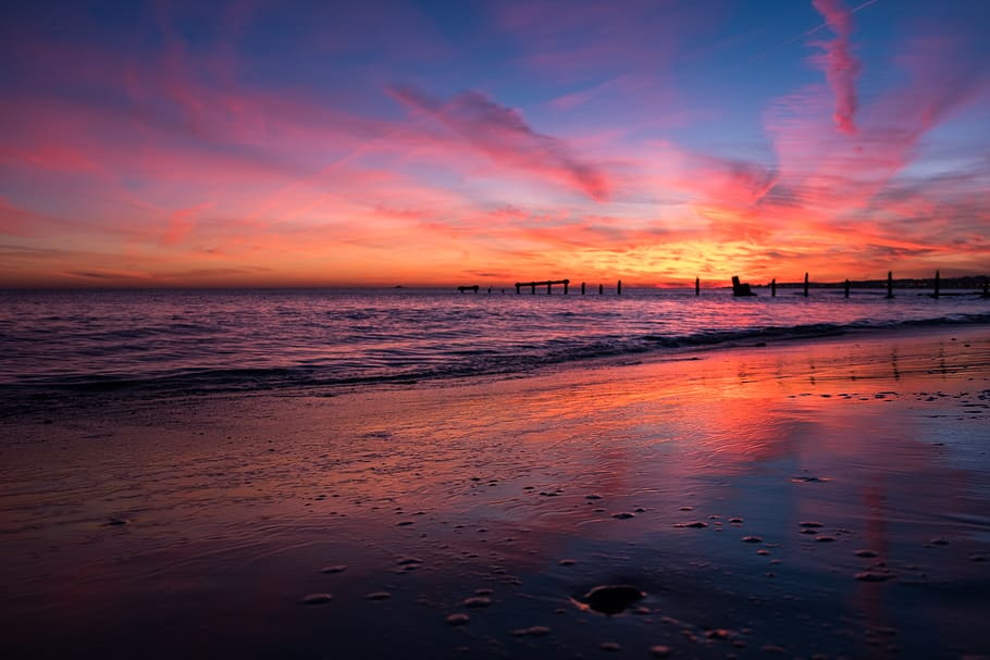 water, sky, sunset, sea, beach, land, scenics - nature, orange color HD wallpaper