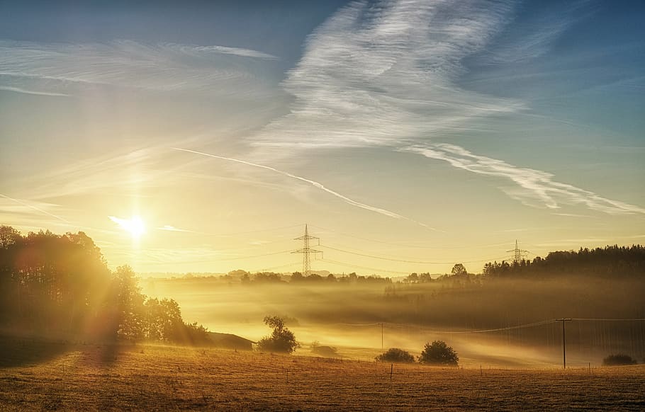 sunrise, sunset, sunlight, twilight, fog, landscape, sky, clouds HD wallpaper