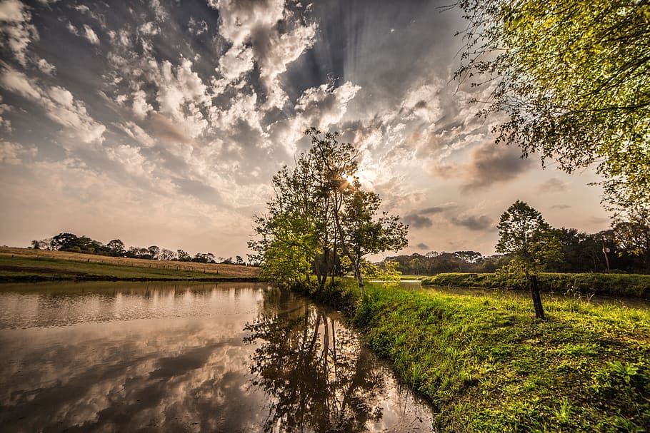Green Grass Field Near Lake, clouds, landscape, nature, reflection HD wallpaper