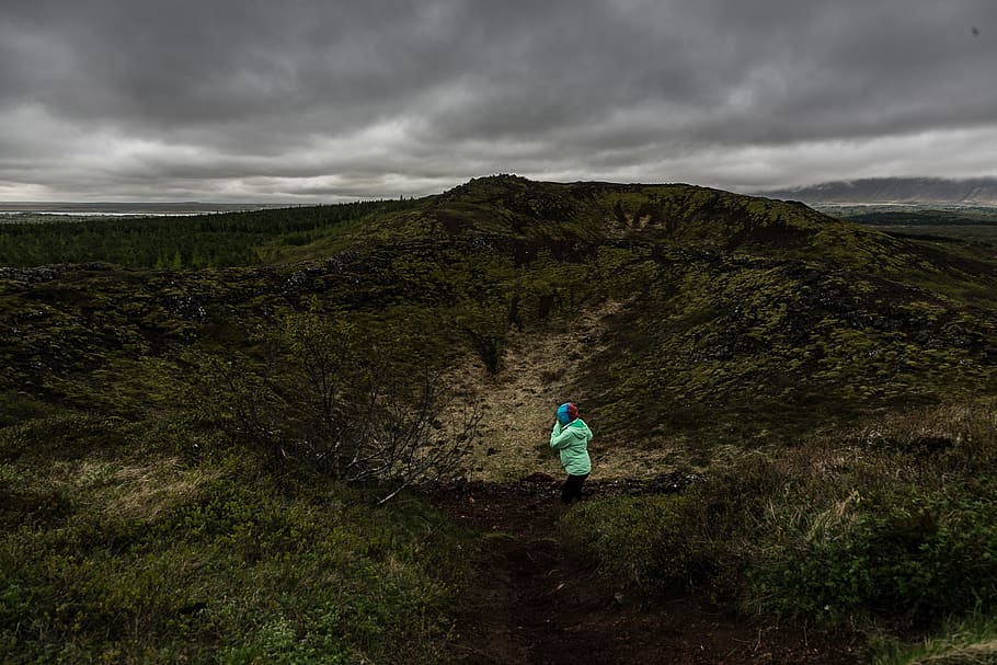 Person Kneeling on Green and Black Field, adventure, clouds, dawn HD wallpaper