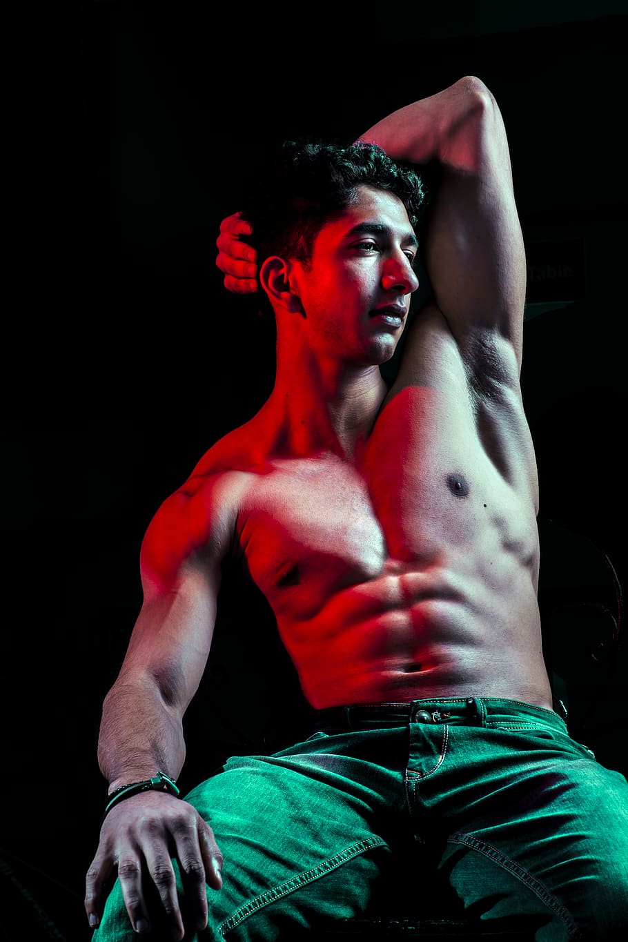 man raising left arm, person, human, skin, male, portrait, neon portrait HD wallpaper