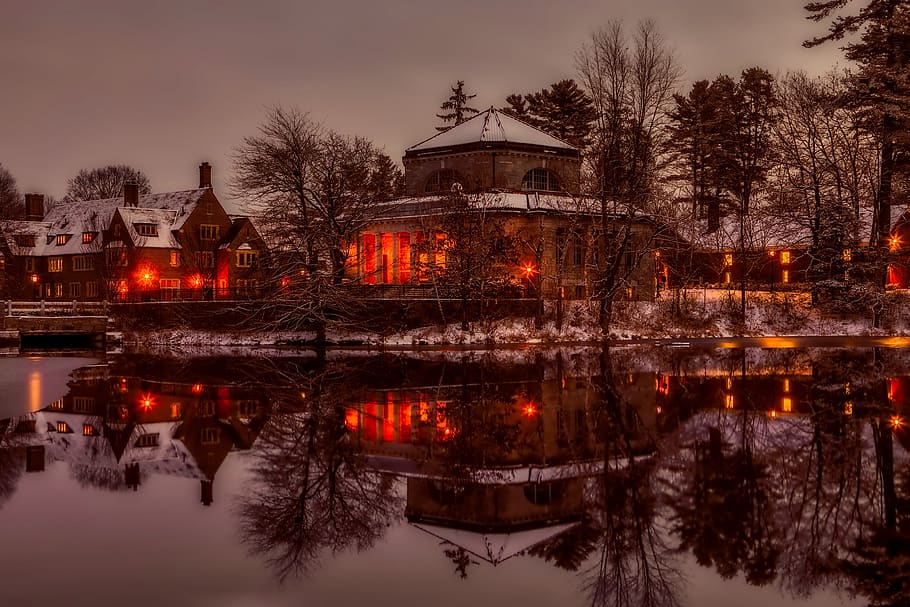 Brown House, architecture, clouds, dawn, evening, illuminated HD wallpaper