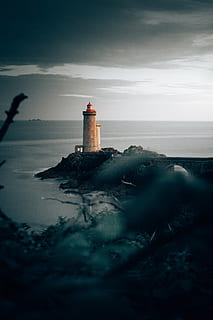 brown lighthouse, rock, cloud, shore, coast, sea, ocean, shipping HD wallpaper