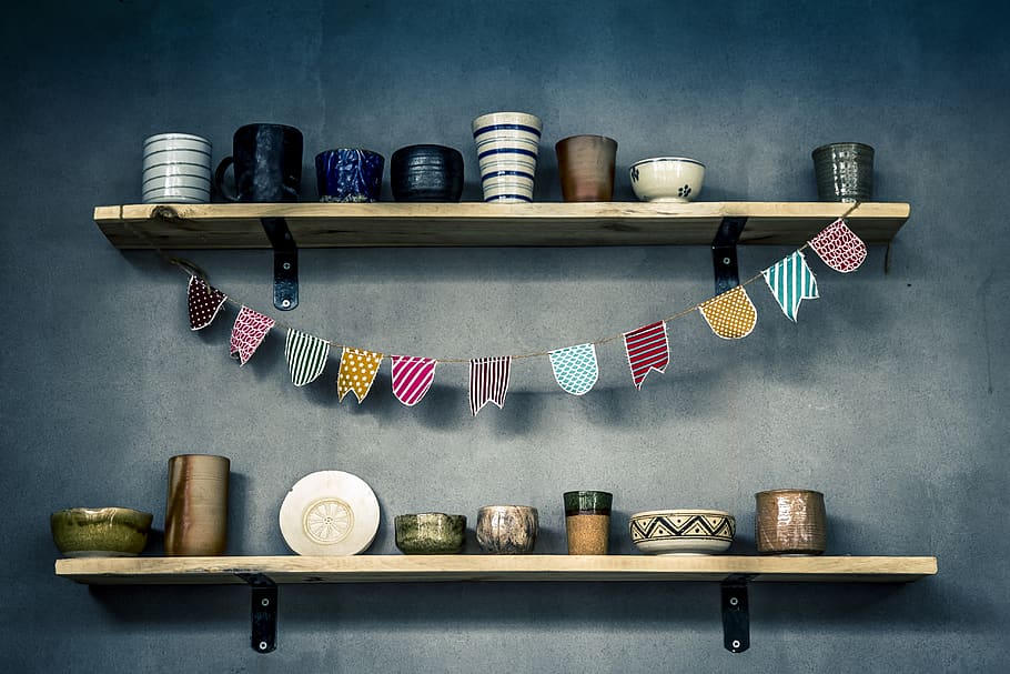 two brown floating shelves, large group of objects, choice, variation HD wallpaper