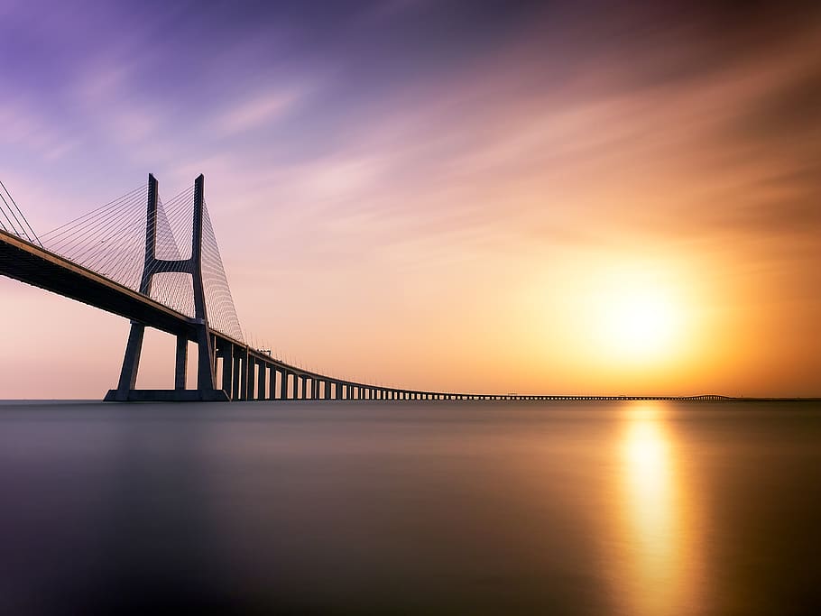 brown concrete bridge during daytime, sky, water, sunset, bridge - man made structure HD wallpaper