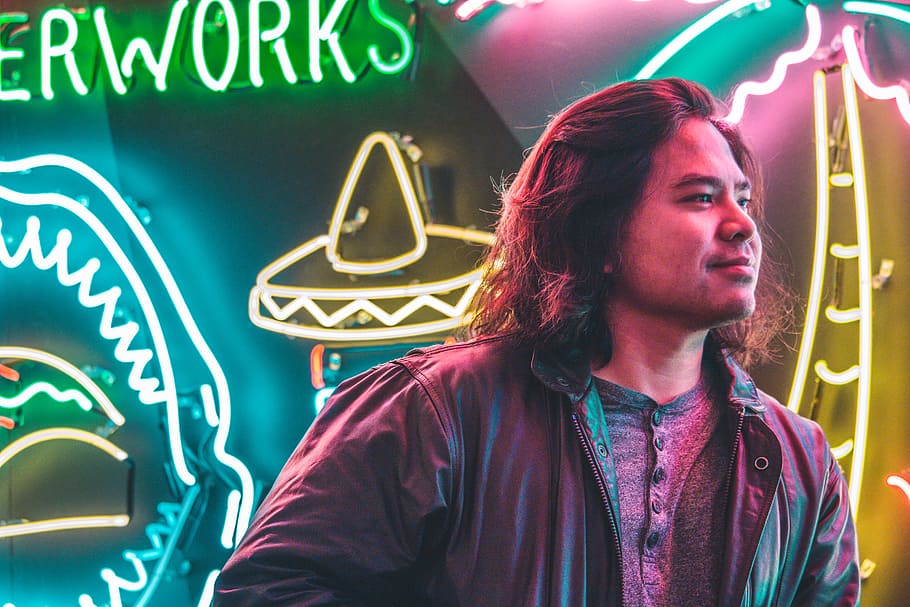 Man Standing in Front of Neon Signages, close-up, light, lights HD wallpaper