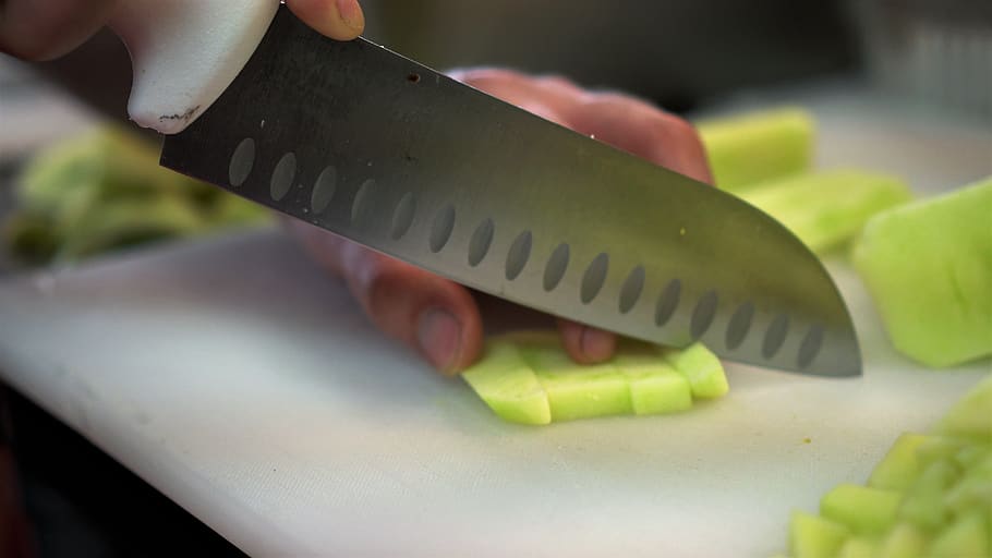 knife, cut, slice, kitchen, vegetables, cucumber, cutting board HD wallpaper