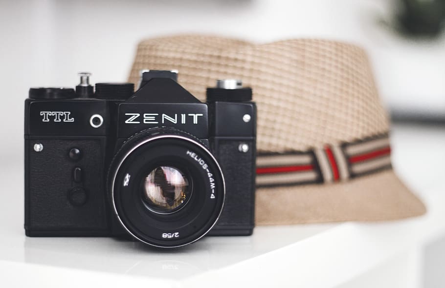 Zenit Brand Camera Beside Fedora Hat, accessories, analog, Analogue