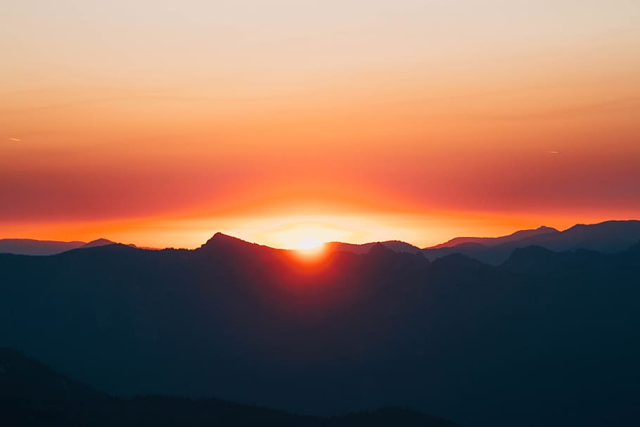 silhouette of mountains during golden hour, sunset, orange, nature, HD wallpaper