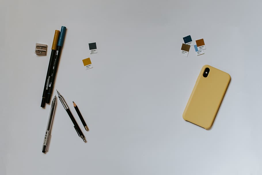 assorted-color pen lot, accessories, yellow, label, text, carton HD wallpaper