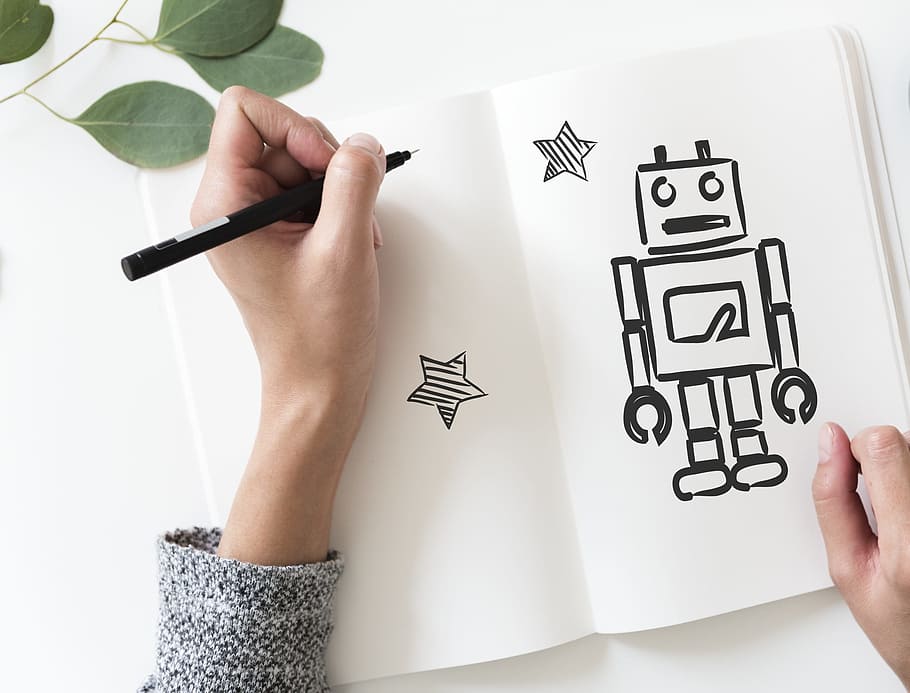 robot, drawing, design space, hands, isolated, isolated on white HD wallpaper
