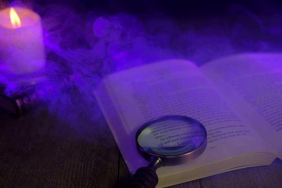 book, page, letters, read, literature, magnifying glass, candle HD wallpaper