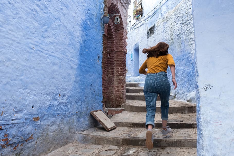 woman walking on concrete steps, people, person, human, morocco