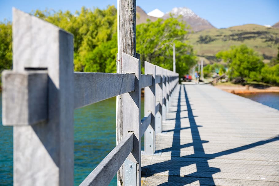 Gray Wooden Bridge, blur, bright, daylight, dock, mountain, new zealand, HD wallpaper