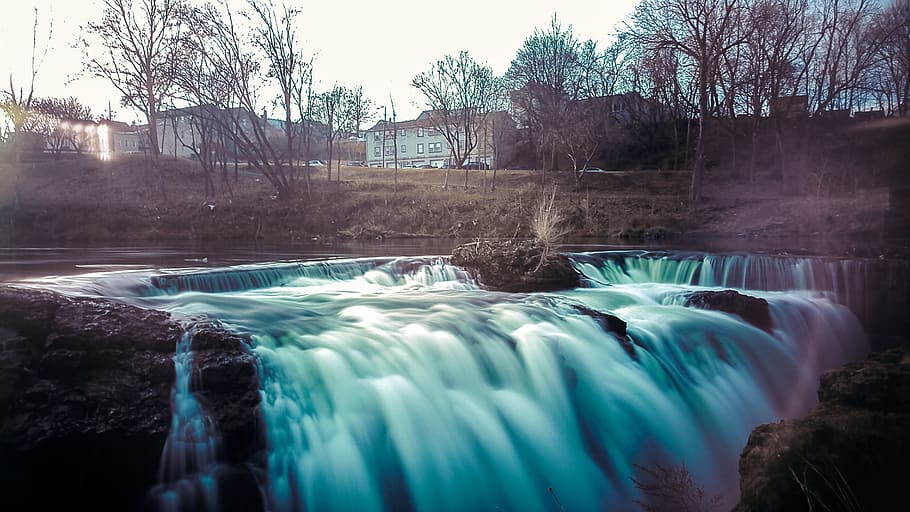 Waterfalls and Trees, architecture, blur, buildings, cloud, dawn HD wallpaper