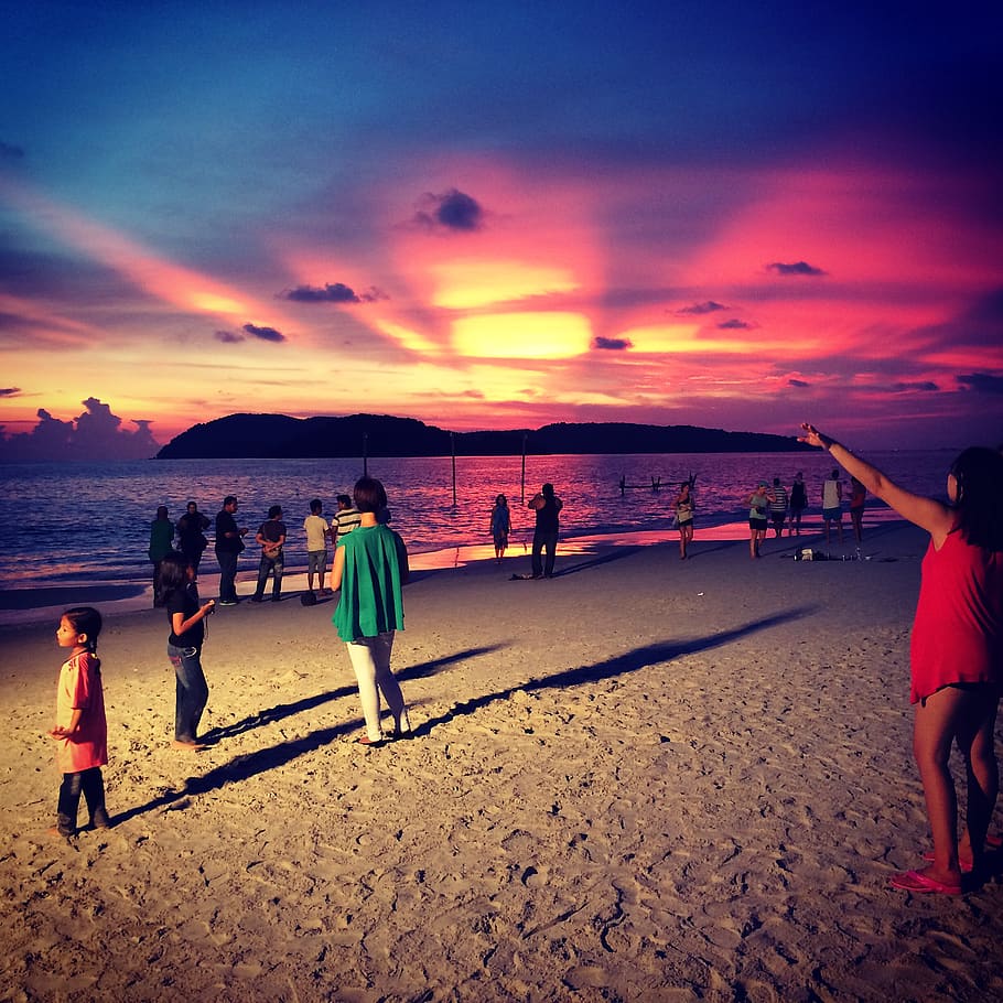 malaysia, langkawi, sky, beach, group of people, land, sunset HD wallpaper