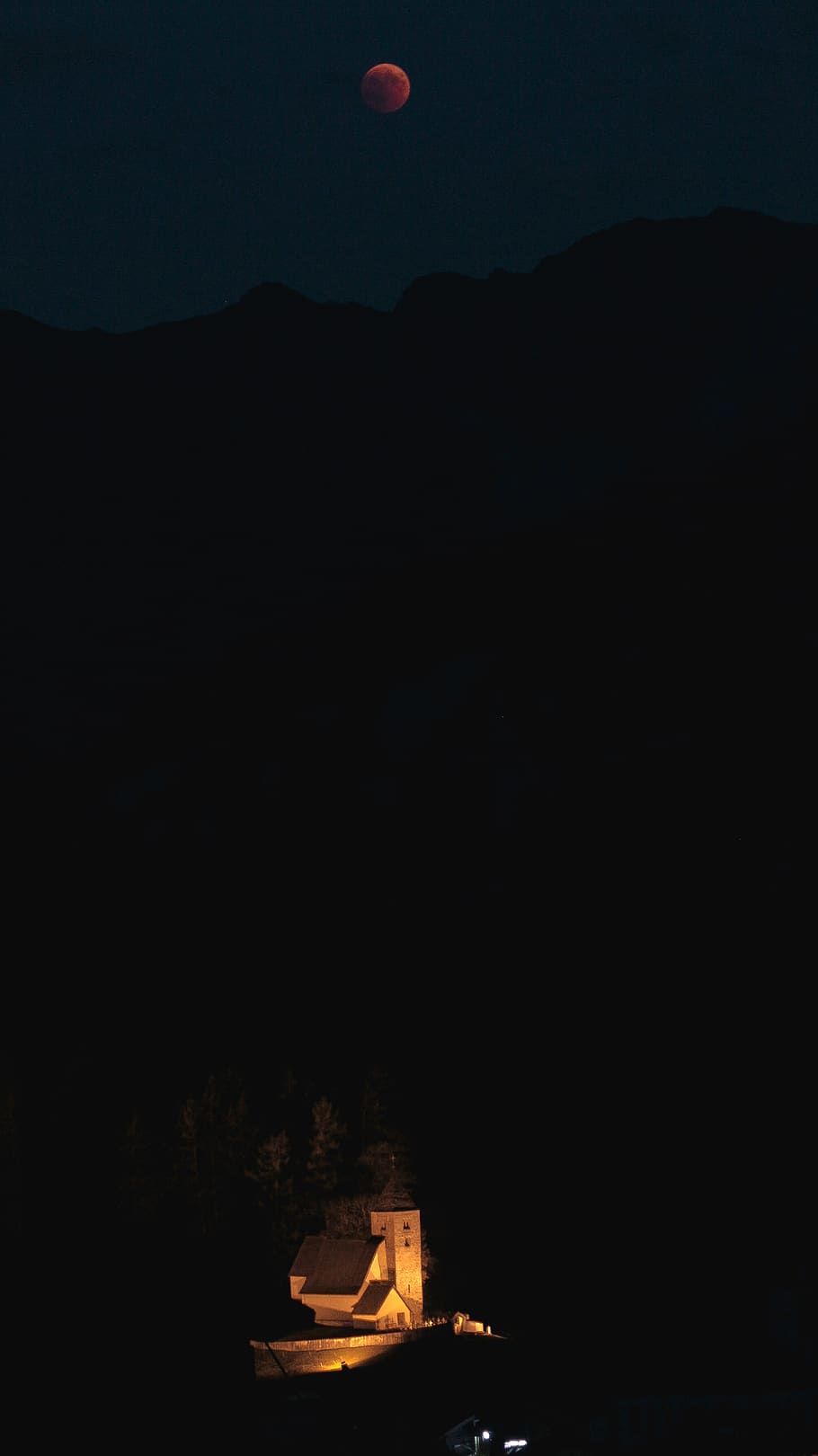 switzerland, night, lunar, eclipse, moon, blue, mountain, church HD wallpaper