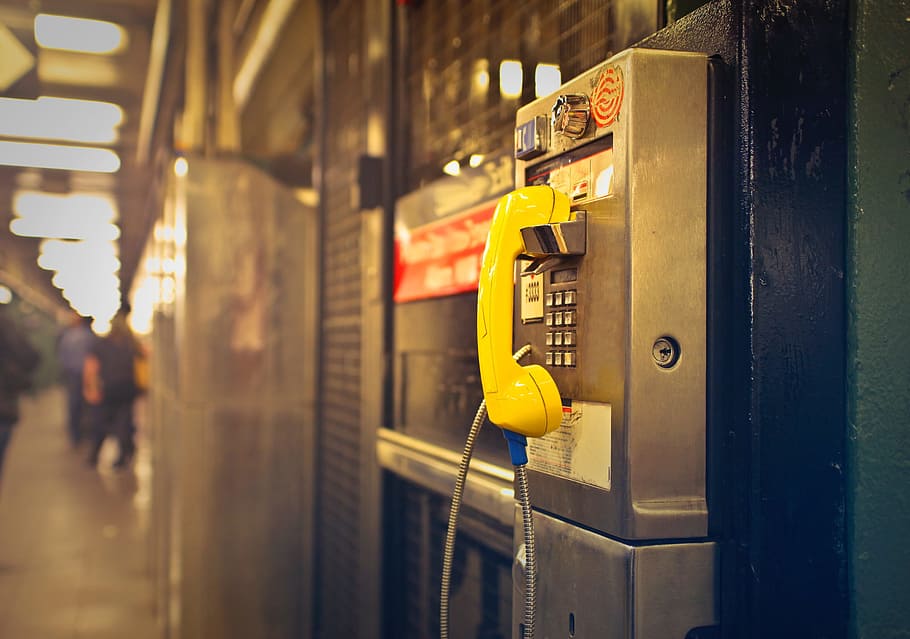 View of Yellow public pay phone, cable, card, hanging, light, HD wallpaper