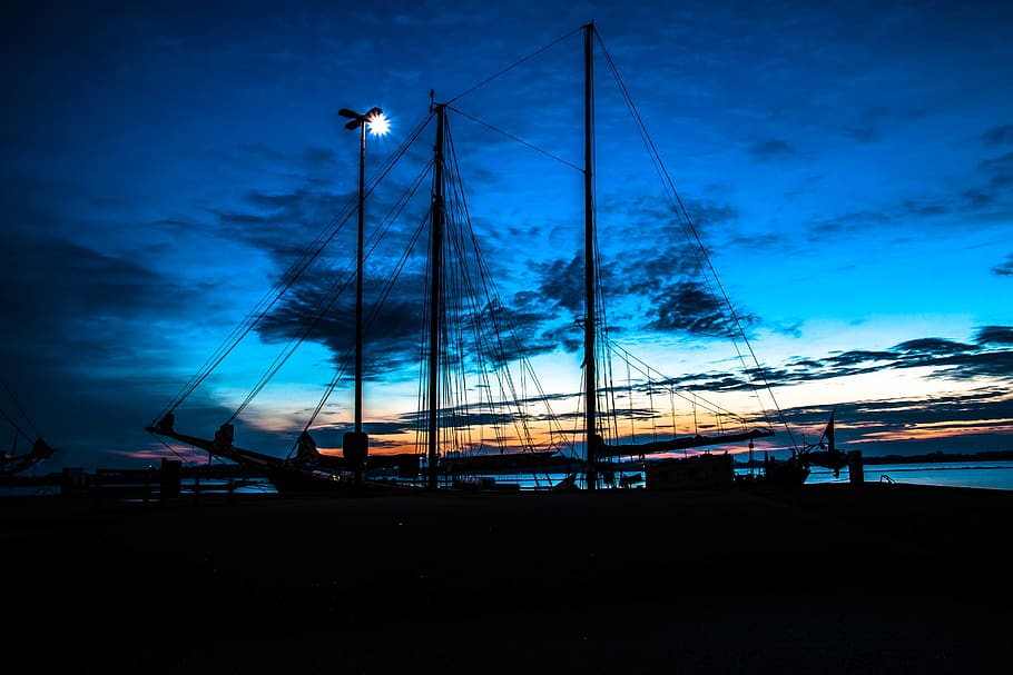 Silhouette Photo of Black Sailing Ship, boat, evening, masts HD wallpaper