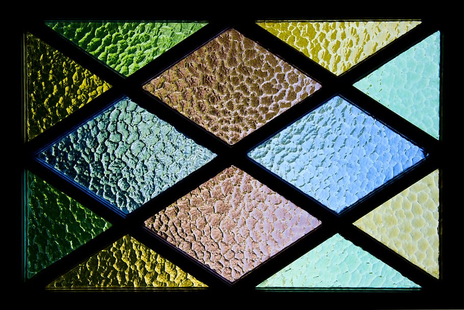 Green, Yellow, Brown, and Blue Stained Glass, architectural design, HD wallpaper