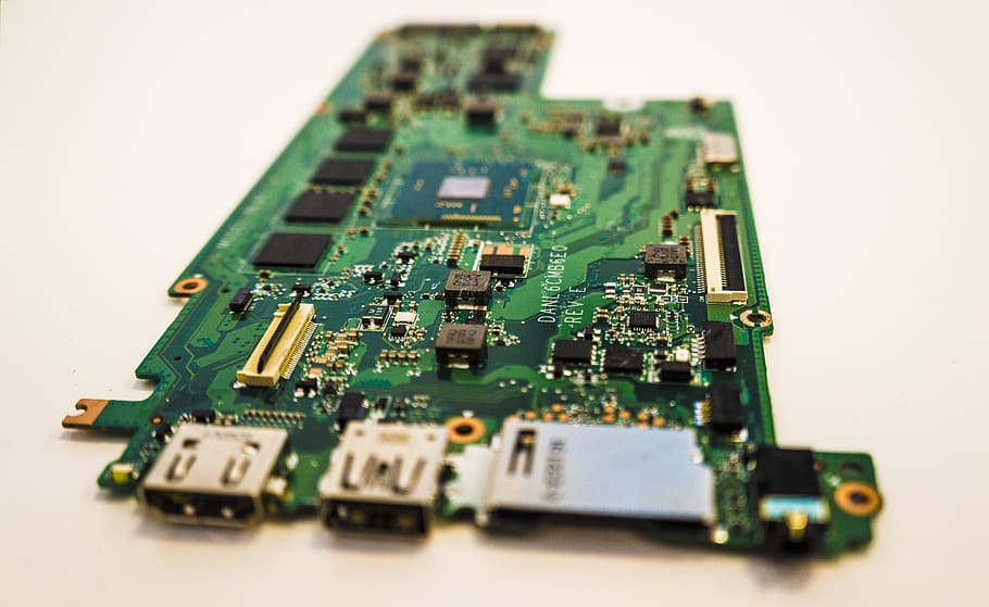 green circuit board on white table, electronics industry, computer chip HD wallpaper
