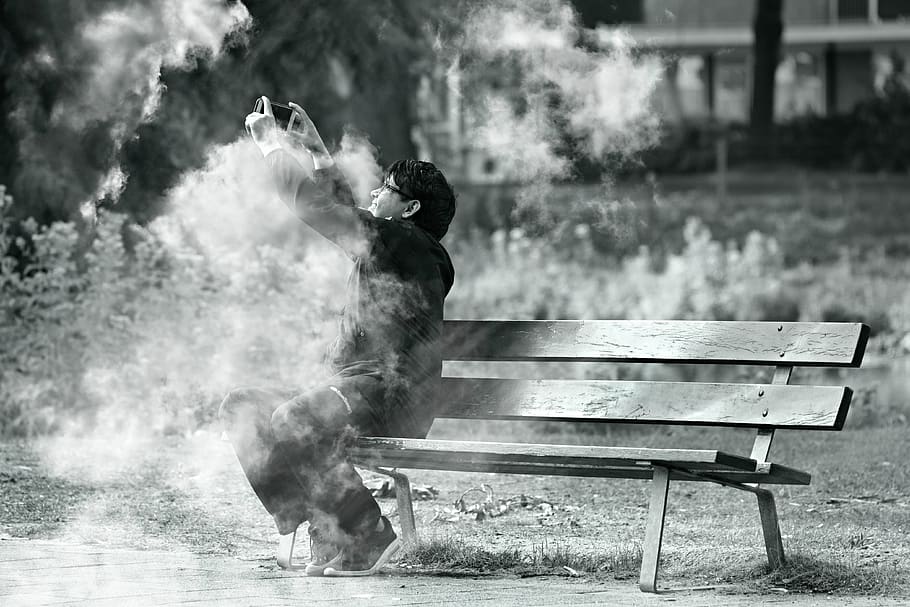 man, sitting, bench, taking picture, smoke, fire, barbecue HD wallpaper
