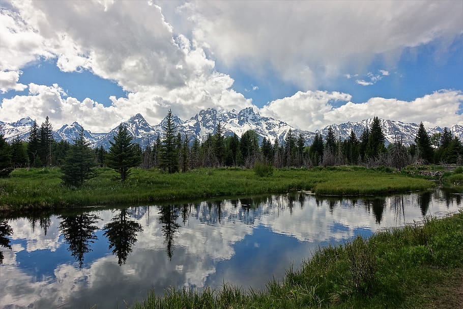mountains, river, reflection, hiking, wyoming, tetons, national park HD wallpaper