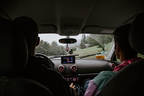 two men sitting on car front seats, dashboard, windscreen, driver HD wallpaper
