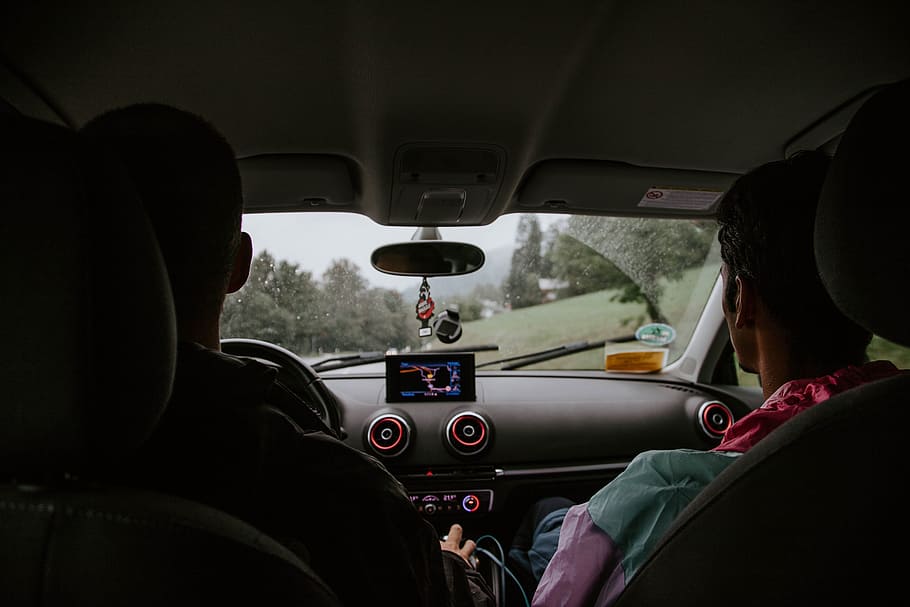 two men sitting on car front seats, dashboard, windscreen, driver HD wallpaper